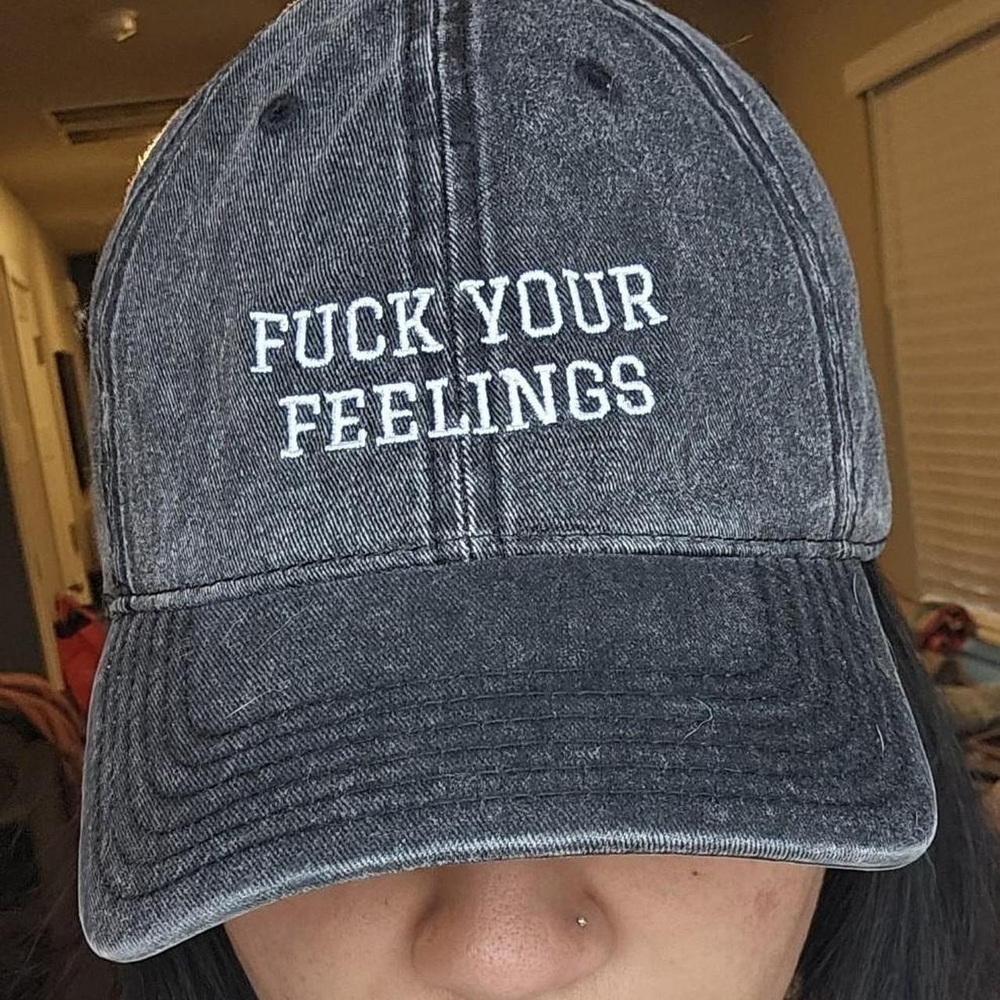 Embroidered 'F*** Your Feelings' Distressed Black Dad Hat - Picture 8 of 8